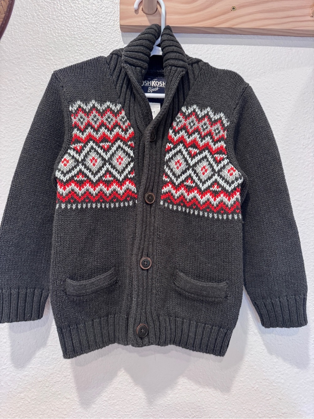 OshKosh B'gosh Boys' Charcoal Shawl Collar Cardigan with Fair Isle Detail 5T